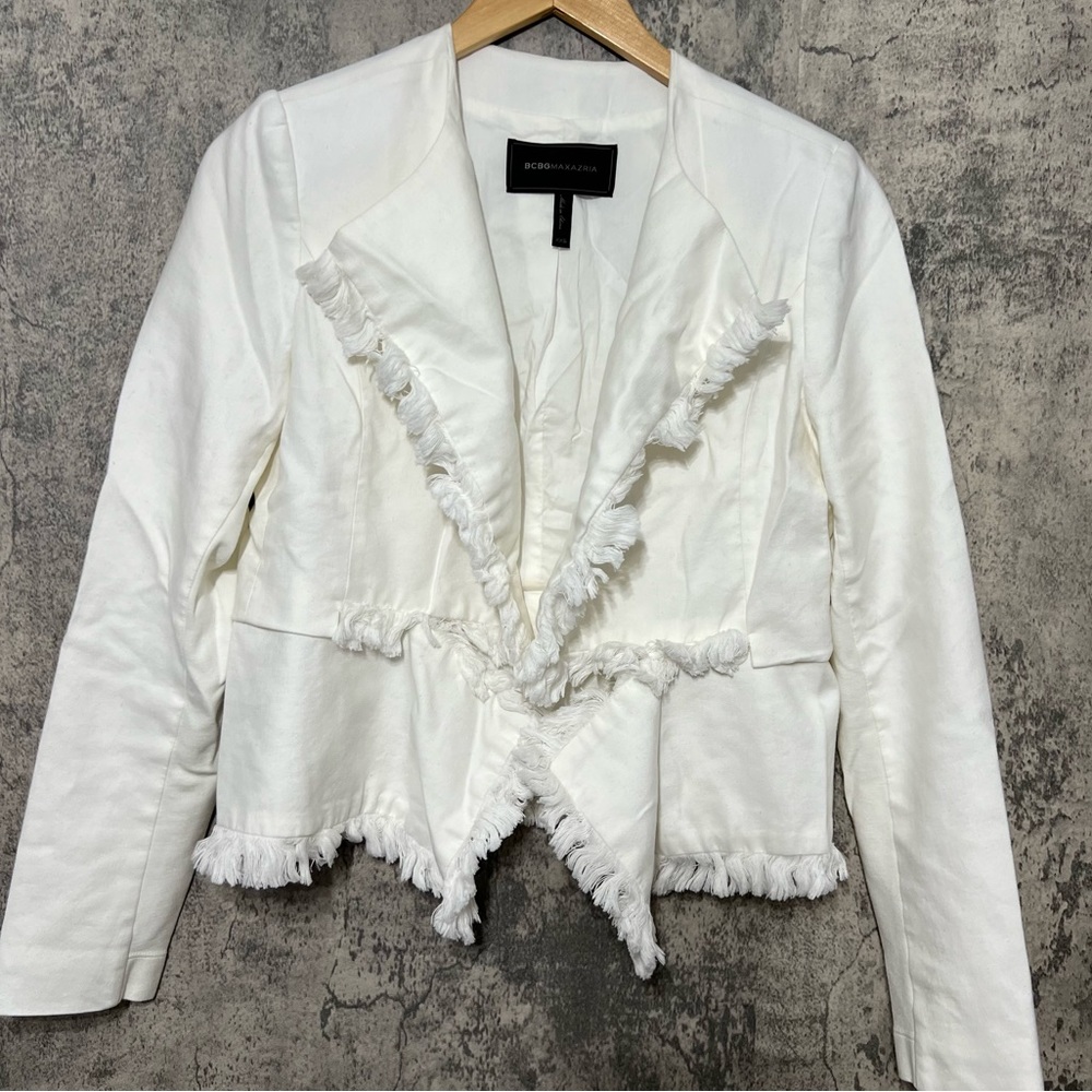White blazer boho trim casual jacket - Picture 2 of 9